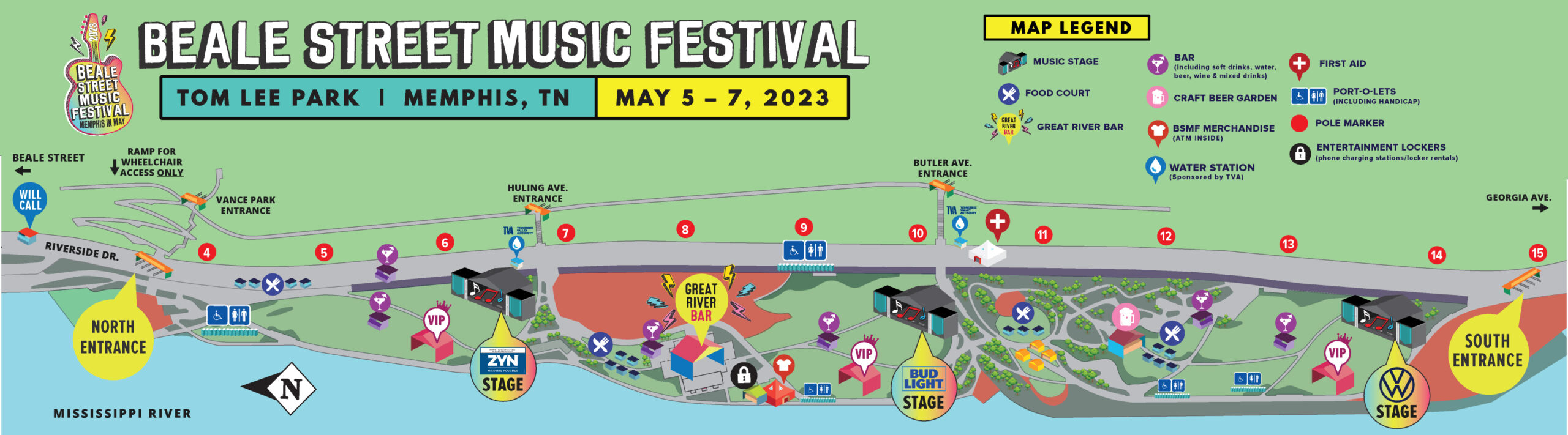 Map of beale street festival grounds on tom lee park