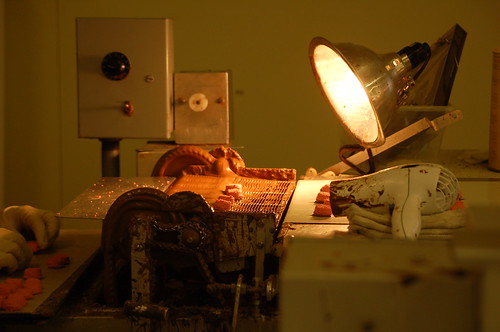 Chocolate conveyor belt, Dinstuhl's Fine Candies, Memphis, Tenn. Chocolate conveyor belt, Dinstuhl's Fine Candies, Memphis, Tenn.